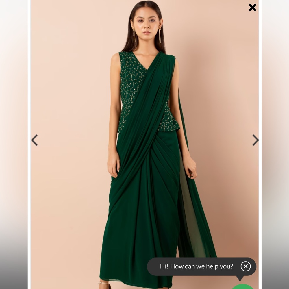 Green Embroidered Peplum Pre-Stitched Saree with Attached Blouse